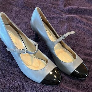 Women's Gray Mary Jane Heels with Black Patent Cap Toe: Size 10